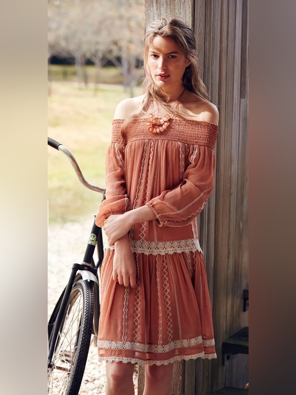 Anthropologie Floreat Orchard Lace Dress in a dusty pink, peach, crinkled fabric